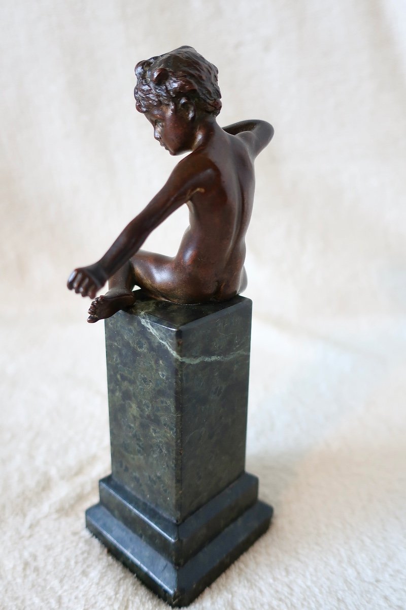 Rare Small Bronze 19th Century, Cupid, Love, Cherub On Antique Green Marble Column-photo-6