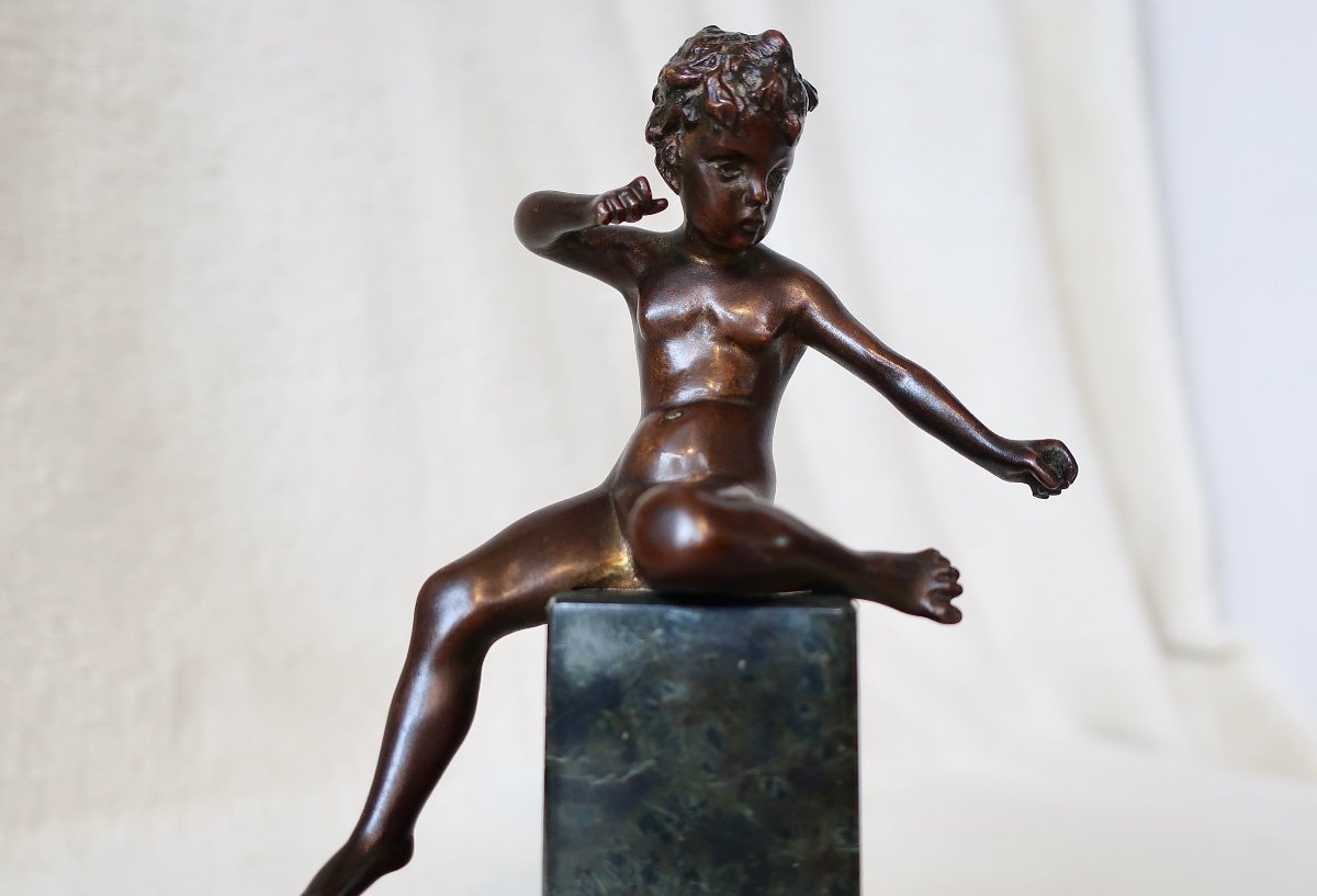 Rare Small Bronze 19th Century, Cupid, Love, Cherub On Antique Green Marble Column