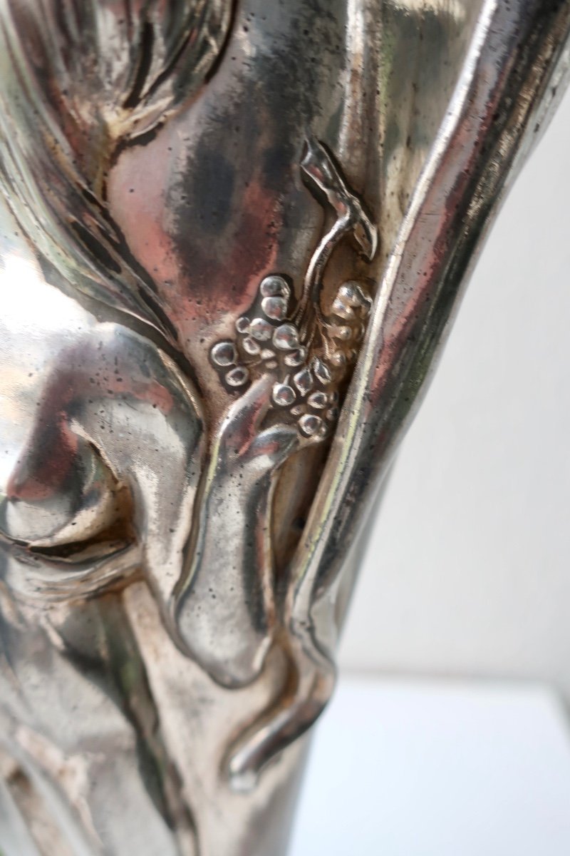 Vase Ansé Art Nouveau Etain Argenté, Femme-fleur, 36 Cm-photo-5