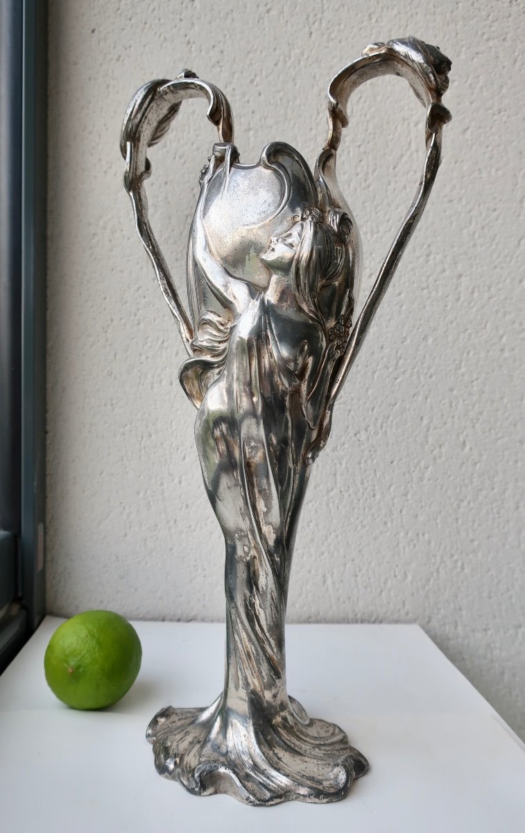 Vase Ansé Art Nouveau Etain Argenté, Femme-fleur, 36 Cm