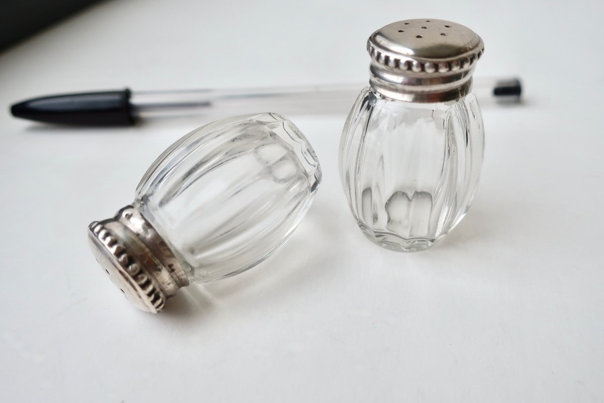 2 Individual Christofle Goldsmith Salt Shakers, Glass And Silver.