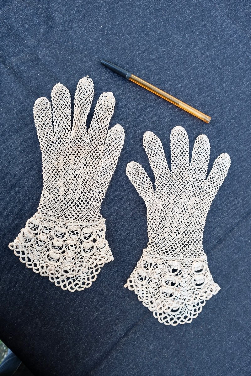 Antique Net Collar And Gloves, Crochet Lace, Circa 1900-photo-4