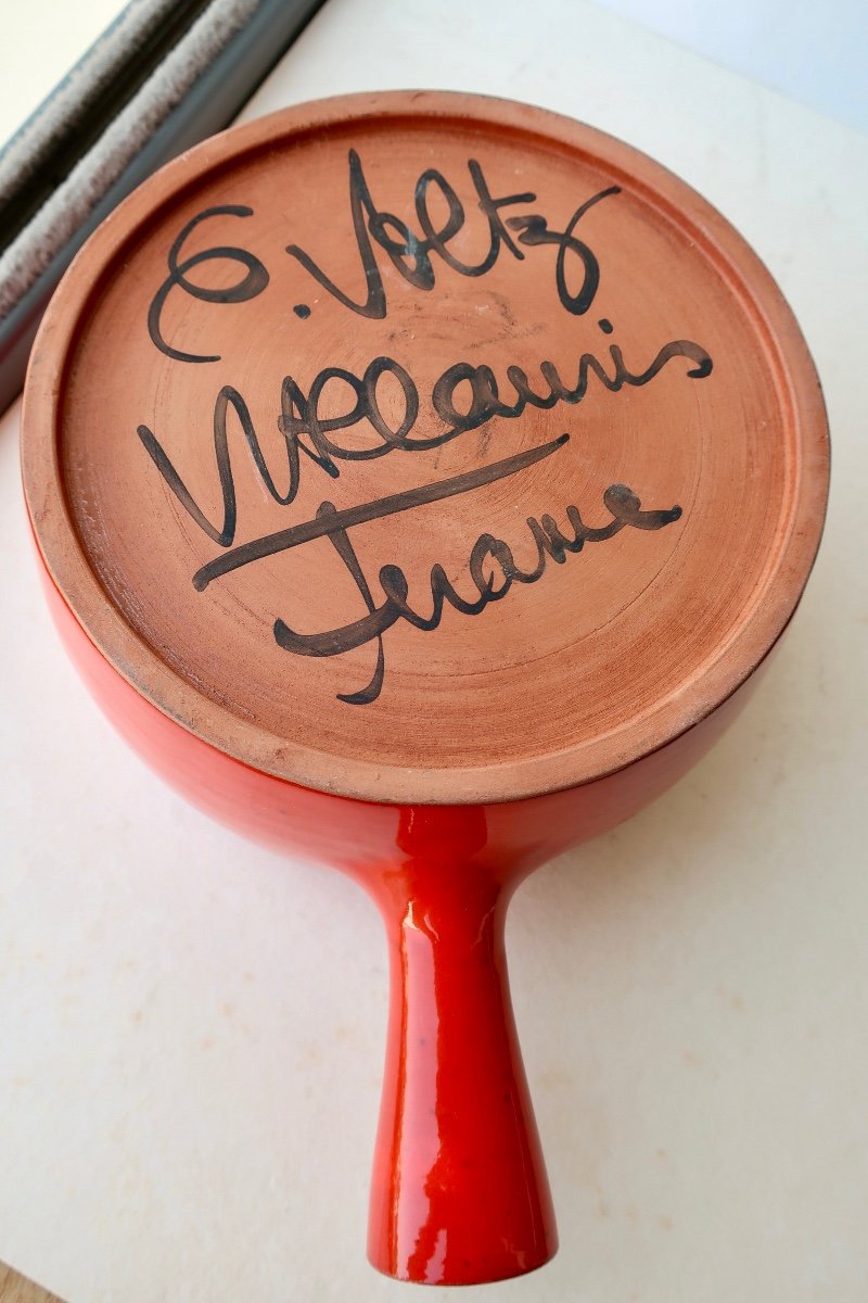 Charles Voltz Vallauris Saucepan In Red-orange Ceramic Around 1960