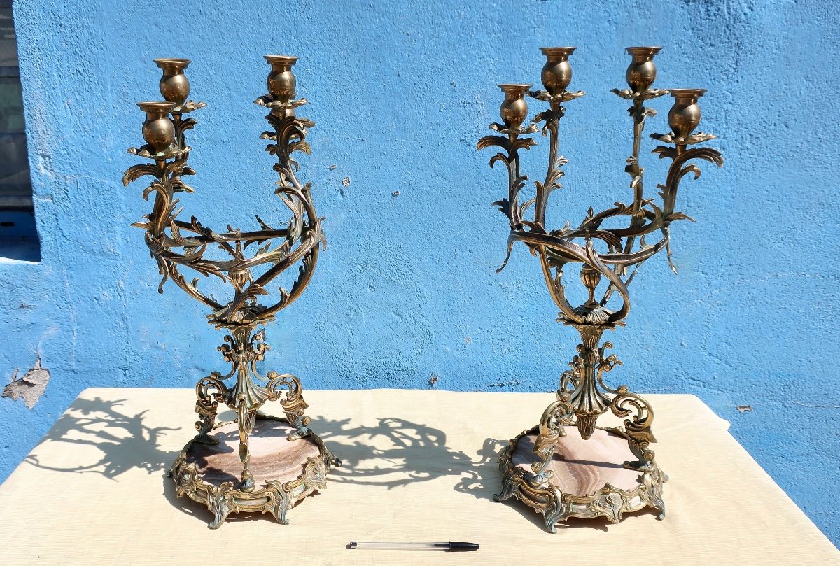 Pair Of Art Nouveau Bronze And Onyx Candelabra Late Nineteenth Cm 56 Cm