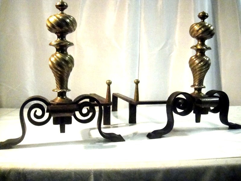 19th Century Louis XIV Style Fireplace Andirons, Cast Iron And Bronze-photo-3