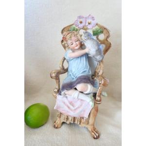 Polychrome Biscuit 24 Cm Awf Kister Scheibe-alsbach Little Girl With Cat