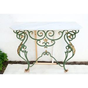 Vintage Console From The 1940s/50s In Wrought Iron And White Marble