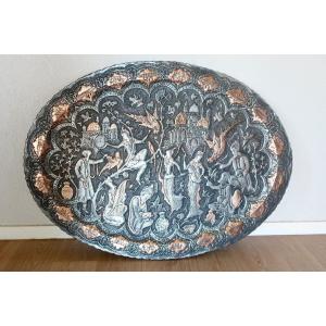 Exceptional Large Kadjar Platter, 101 X 74.6 Cm, Persia, 19th Century.