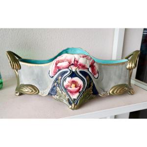 Planter, Art Nouveau Barbotine Planter, Poppy Decor, Sarreguemines?, Very Good Condition