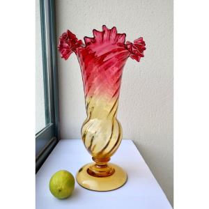 Grand Vase Tulipe XIXème En Cristal Torsadé Rouge Et Ambre "Amberina" Col Festonné 34 Cm TBE