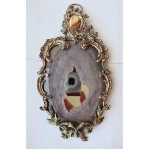 Curious Little 18th Century Baroque Bronze Mirror, Oxidized Mercury Glass