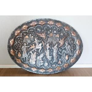 Exceptional And Large Kadjar Tray, Persia, Late 19th Century, 101 X 75 Cm, Very Good Condition.