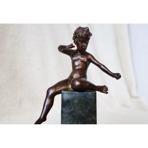 Rare Small Bronze 19th Century, Cupid, Love, Cherub On Antique Green Marble Column