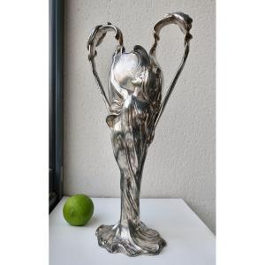 Vase Ansé Art Nouveau Etain Argenté, Femme-fleur, 36 Cm