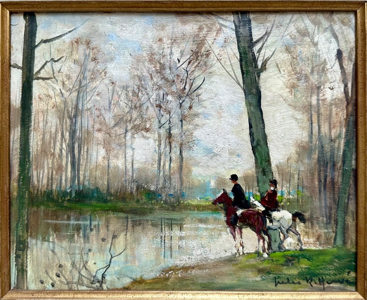 Jules René HERVÉ (1887-1981) - Huile sur Panneau - Cavaliers Chevaux Forêt Sous-bois - Peinture Tableau -photo-2