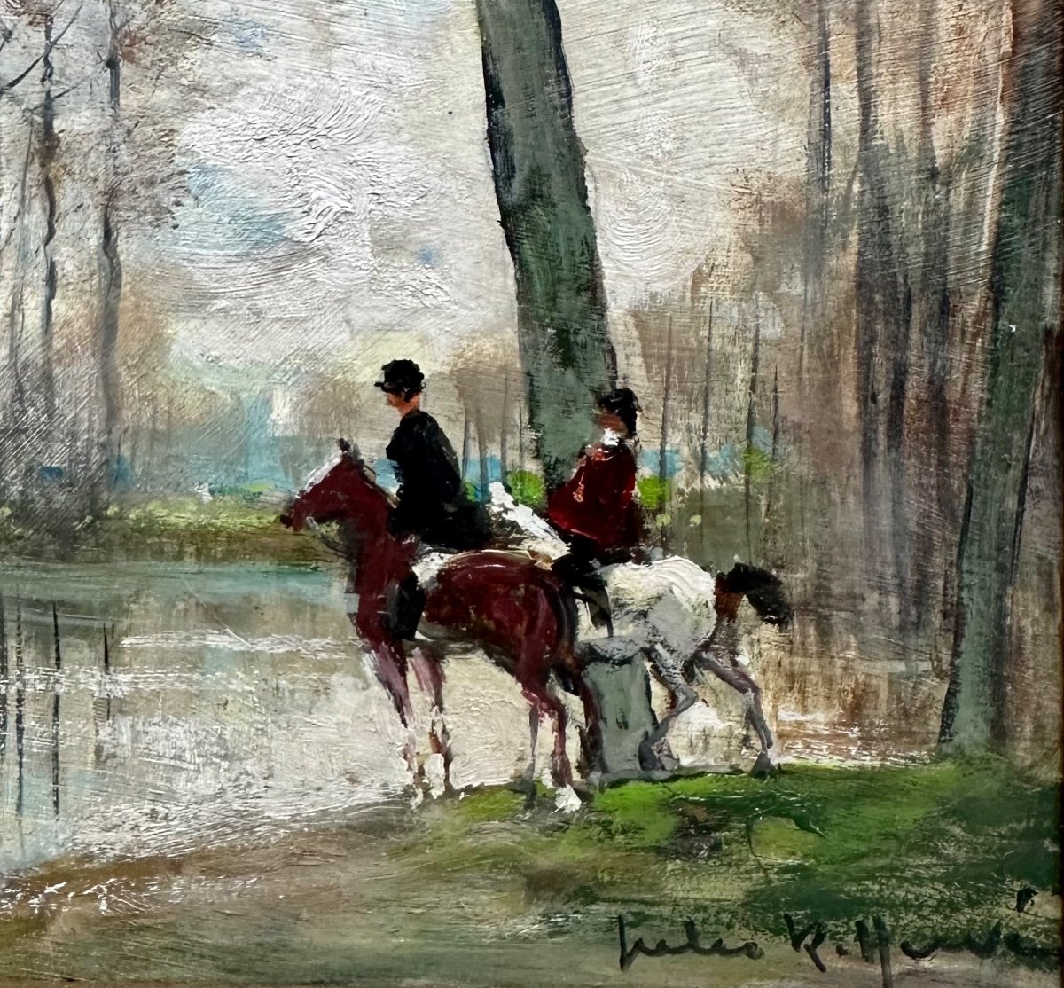 Jules René HERVÉ (1887-1981) - Huile sur Panneau - Cavaliers Chevaux Forêt Sous-bois - Peinture Tableau -photo-3