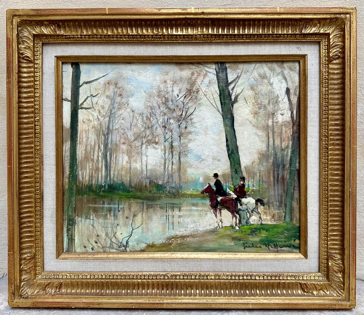 Jules René HERVÉ (1887-1981) - Huile sur Panneau - Cavaliers Chevaux Forêt Sous-bois - Peinture Tableau 