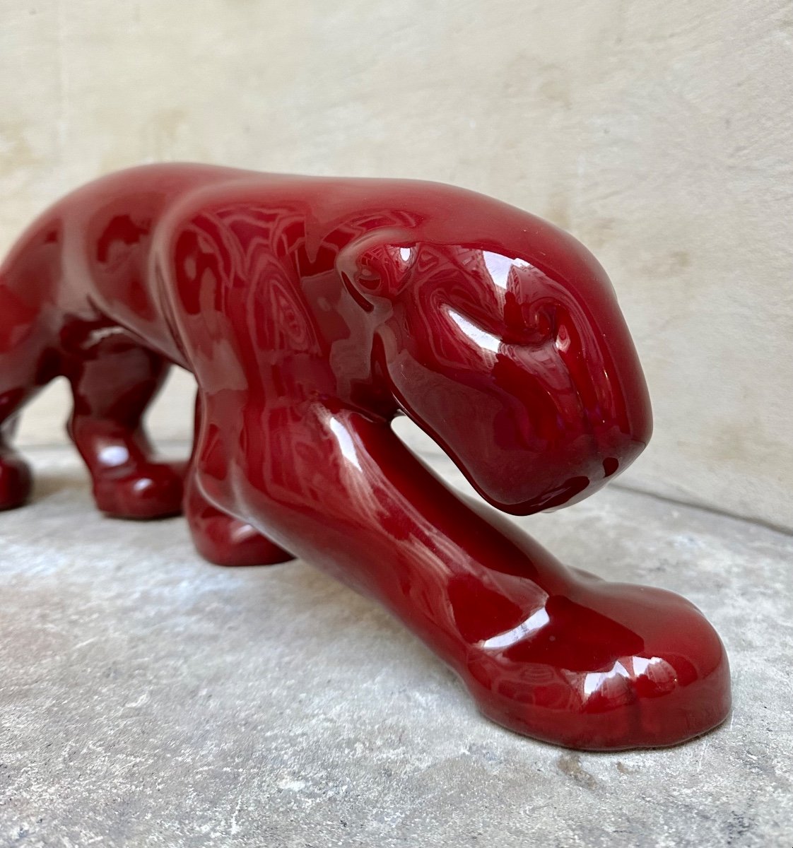 Édition PRIMAVERA - Panthère marchant - Sculpture Céramique Émaillée Rouge - Art Animalier-photo-2