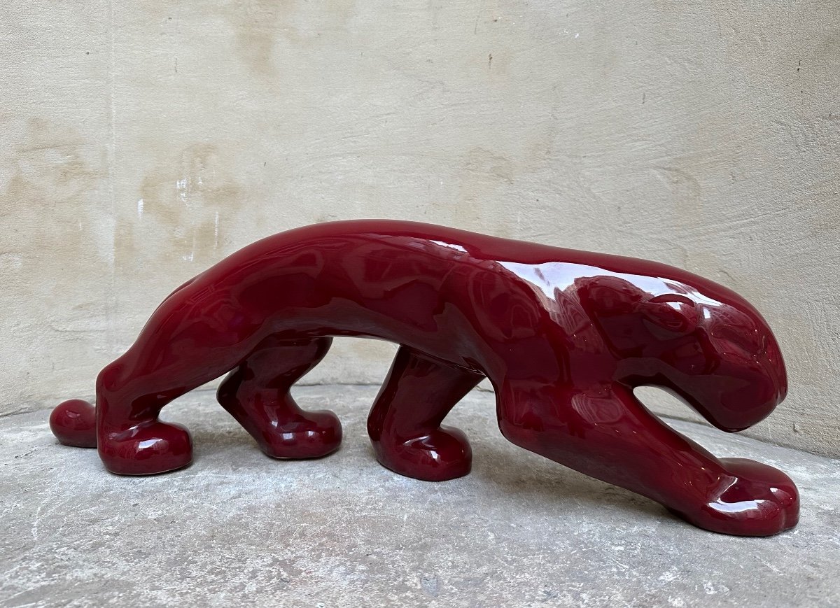 Édition PRIMAVERA - Panthère marchant - Sculpture Céramique Émaillée Rouge - Art Animalier-photo-3