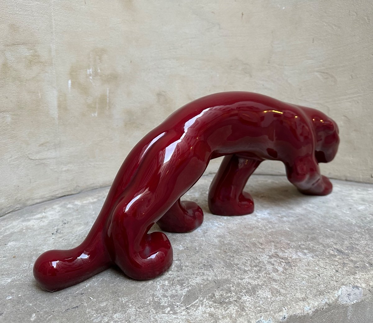 Édition PRIMAVERA - Panthère marchant - Sculpture Céramique Émaillée Rouge - Art Animalier-photo-1