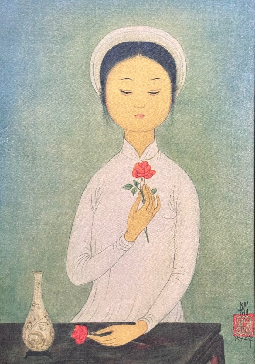 MAI-THU - Jeune Fille à La Rose, 1962 - Estampe Sur Soie - Vietnam MAI THU-photo-2