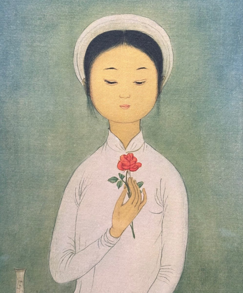 MAI-THU - Jeune Fille à La Rose, 1962 - Estampe Sur Soie - Vietnam MAI THU-photo-3