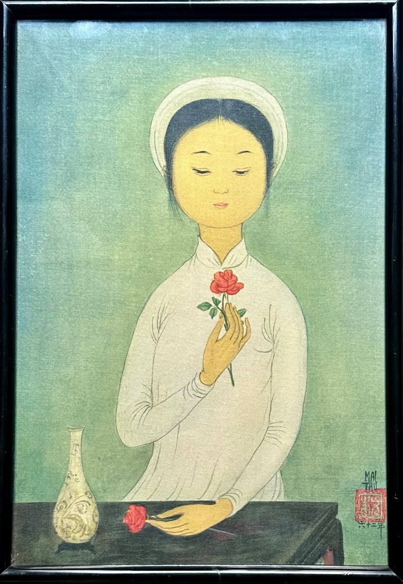 MAI-THU - Jeune Fille à La Rose, 1962 - Estampe Sur Soie - Vietnam MAI THU