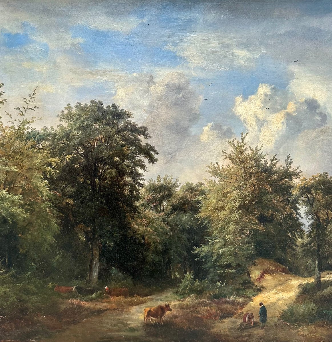 JOLIVARD André (1787-1851) Paysage aux vaches Forêt animée - Peinture Tableau Huile sur Papier -photo-2