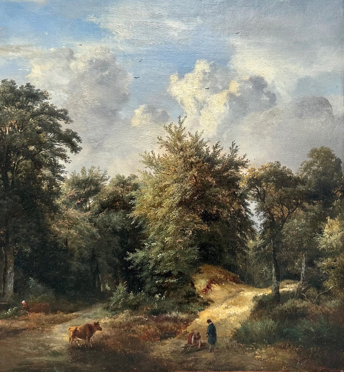 JOLIVARD André (1787-1851) Paysage aux vaches Forêt animée - Peinture Tableau Huile sur Papier -photo-3