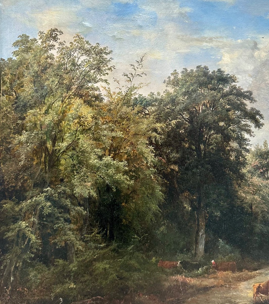 JOLIVARD André (1787-1851) Paysage aux vaches Forêt animée - Peinture Tableau Huile sur Papier -photo-1