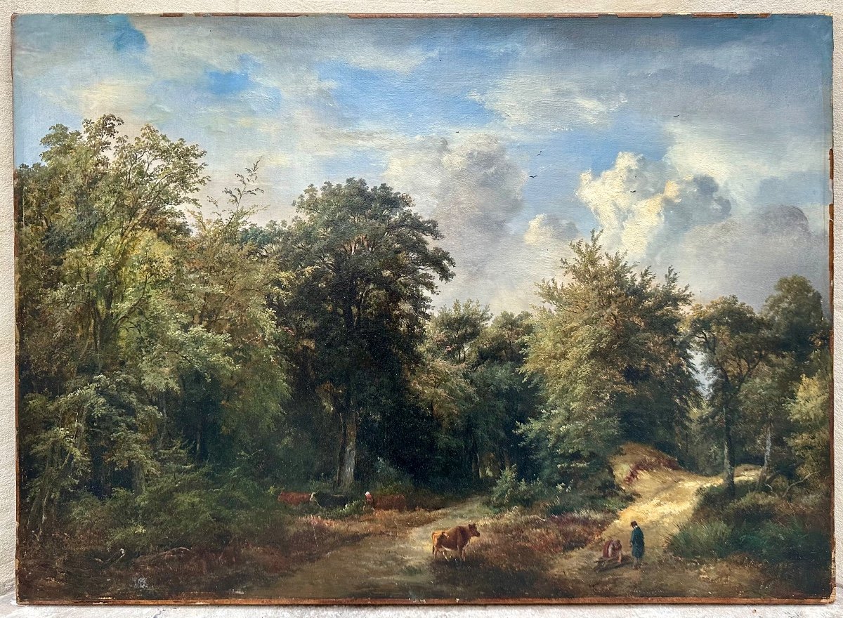 JOLIVARD André (1787-1851) Paysage aux vaches Forêt animée - Peinture Tableau Huile sur Papier 