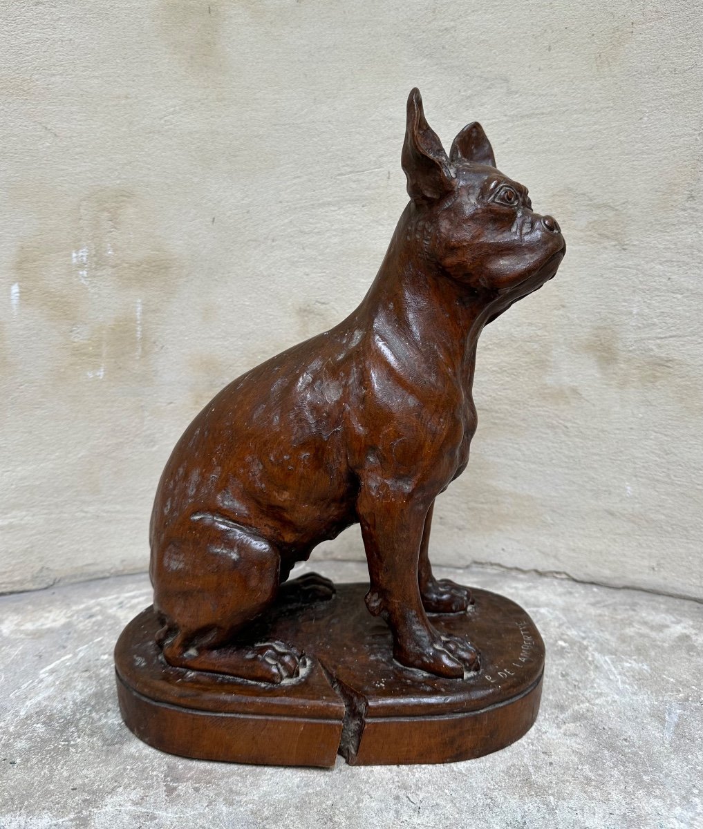 Wooden Sculpture "french Bulldog" Signed By Lambertye - Purebred Dog, Animal Art-photo-3