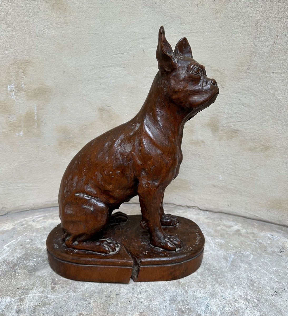 Wooden Sculpture "french Bulldog" Signed By Lambertye - Purebred Dog, Animal Art-photo-2