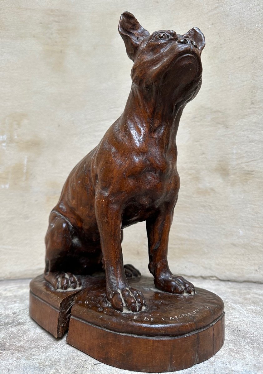 Wooden Sculpture "french Bulldog" Signed By Lambertye - Purebred Dog, Animal Art-photo-3