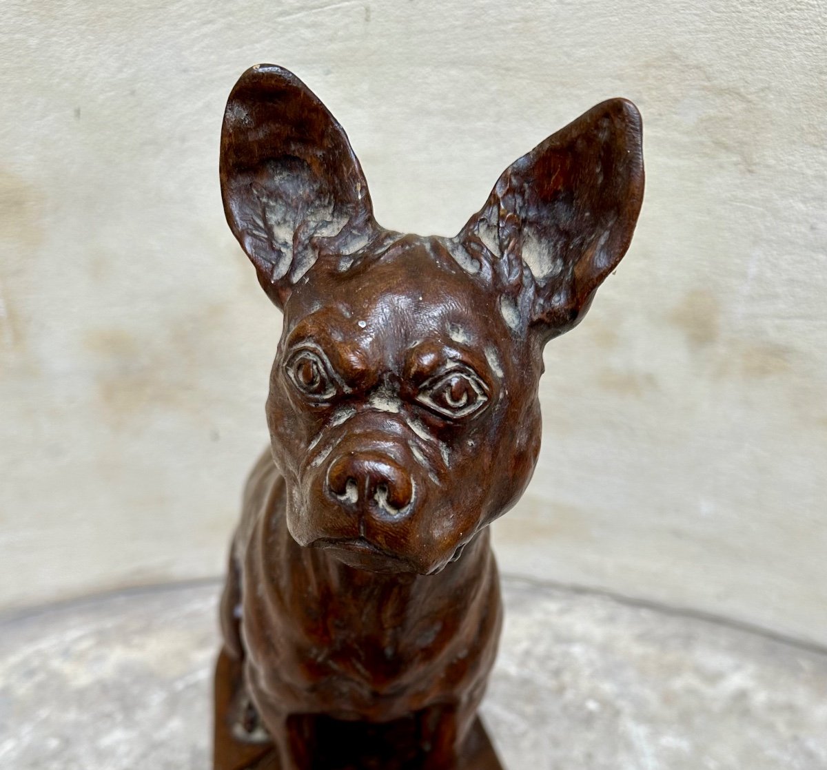 Wooden Sculpture "french Bulldog" Signed By Lambertye - Purebred Dog, Animal Art-photo-6