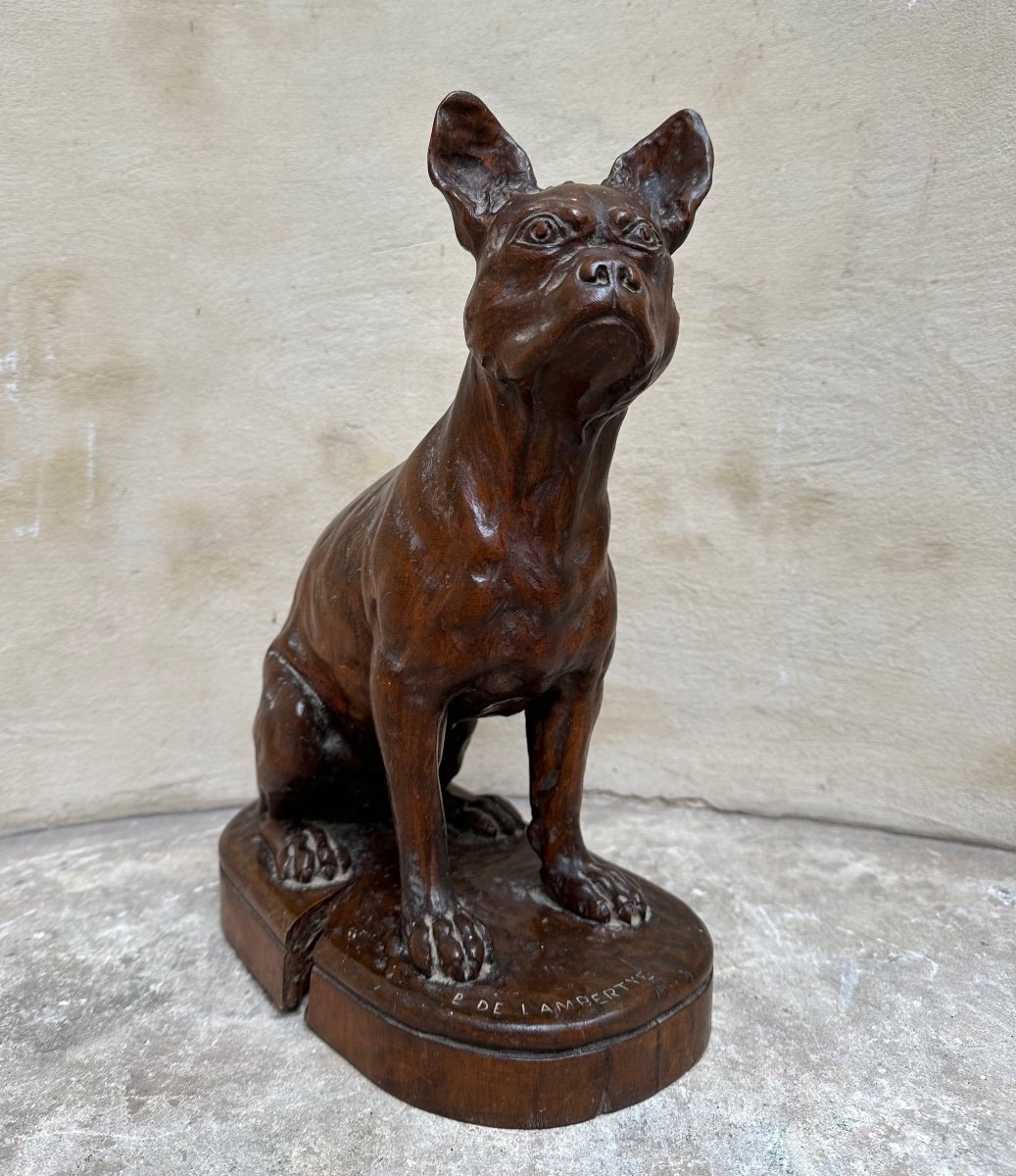 Wooden Sculpture "french Bulldog" Signed By Lambertye - Purebred Dog, Animal Art