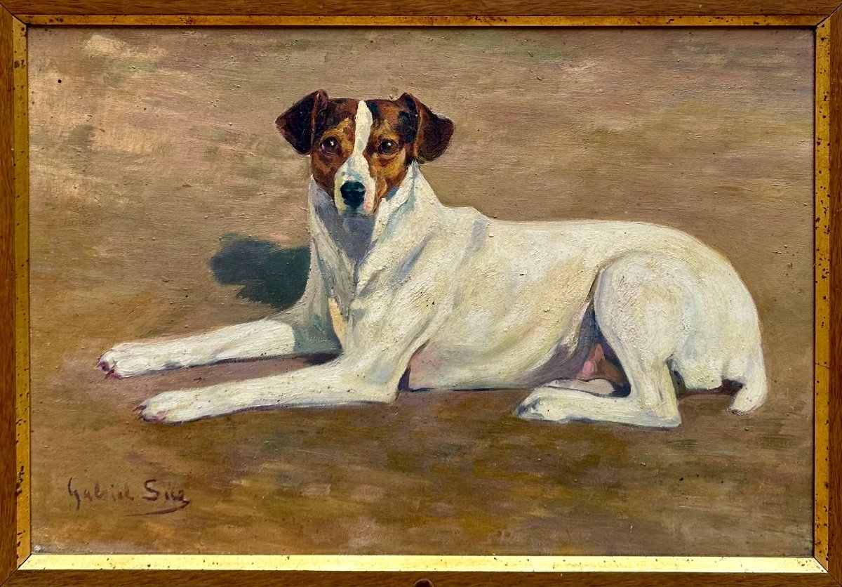 SUE Gabriel (1867-1958) Huile sur Toile « Fox Terrier » - Peinture, Portrait, Chien -photo-2