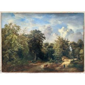 JOLIVARD André (1787-1851) Paysage aux vaches Forêt animée - Peinture Tableau Huile sur Papier 