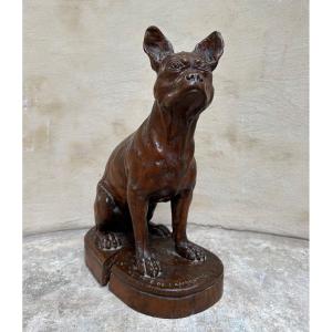 Sculpture en Bois « Bouledogue français » signée de Lambertye - Chien de race, Art animalier