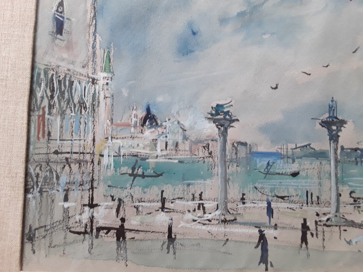 Aquarelle " Venise " Signature à Identifier Vers 1950 . -photo-1