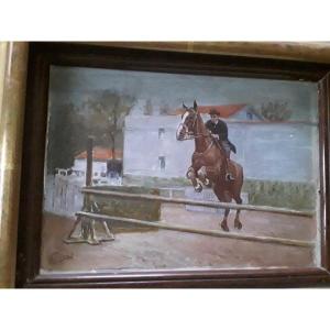 Charming Small Horse Riding Painting "jumping" Late 19th Early 20th Century 