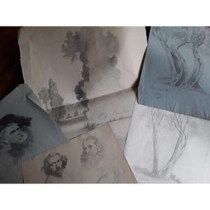 Ensemble De 5 Dessins De Louis Georges Brillouin 