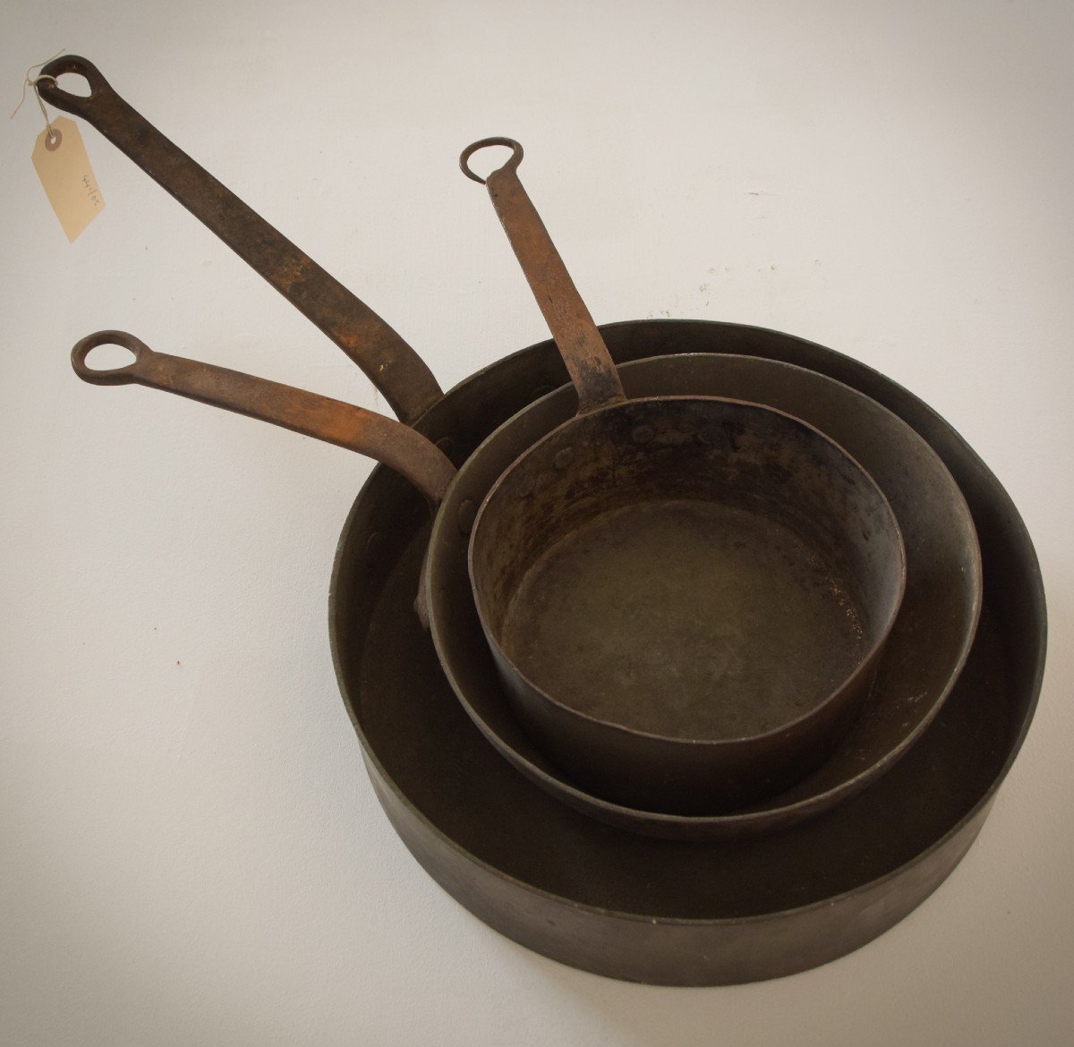 Set Of Three - Antique Copper And Iron Handled Saucepans-photo-2