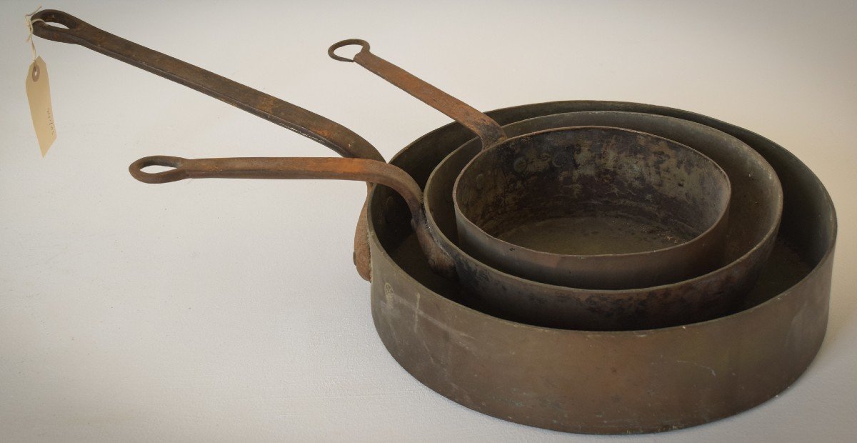 Set Of Three - Antique Copper And Iron Handled Saucepans