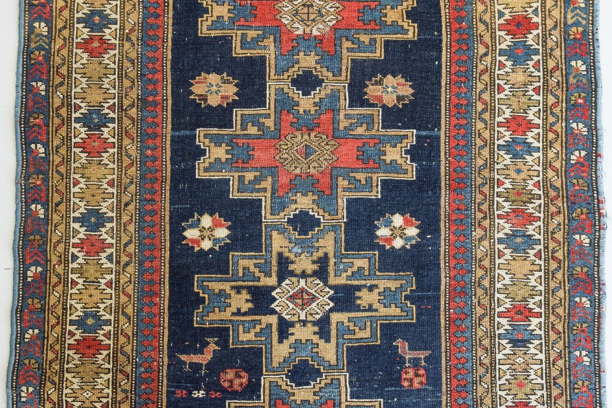 Handwoven Antique - Blue Ground Persian Rug With Bird-like Figures-photo-3