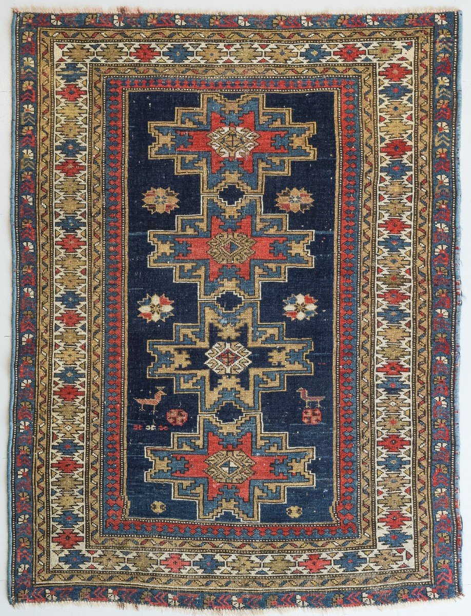 Handwoven Antique - Blue Ground Persian Rug With Bird-like Figures