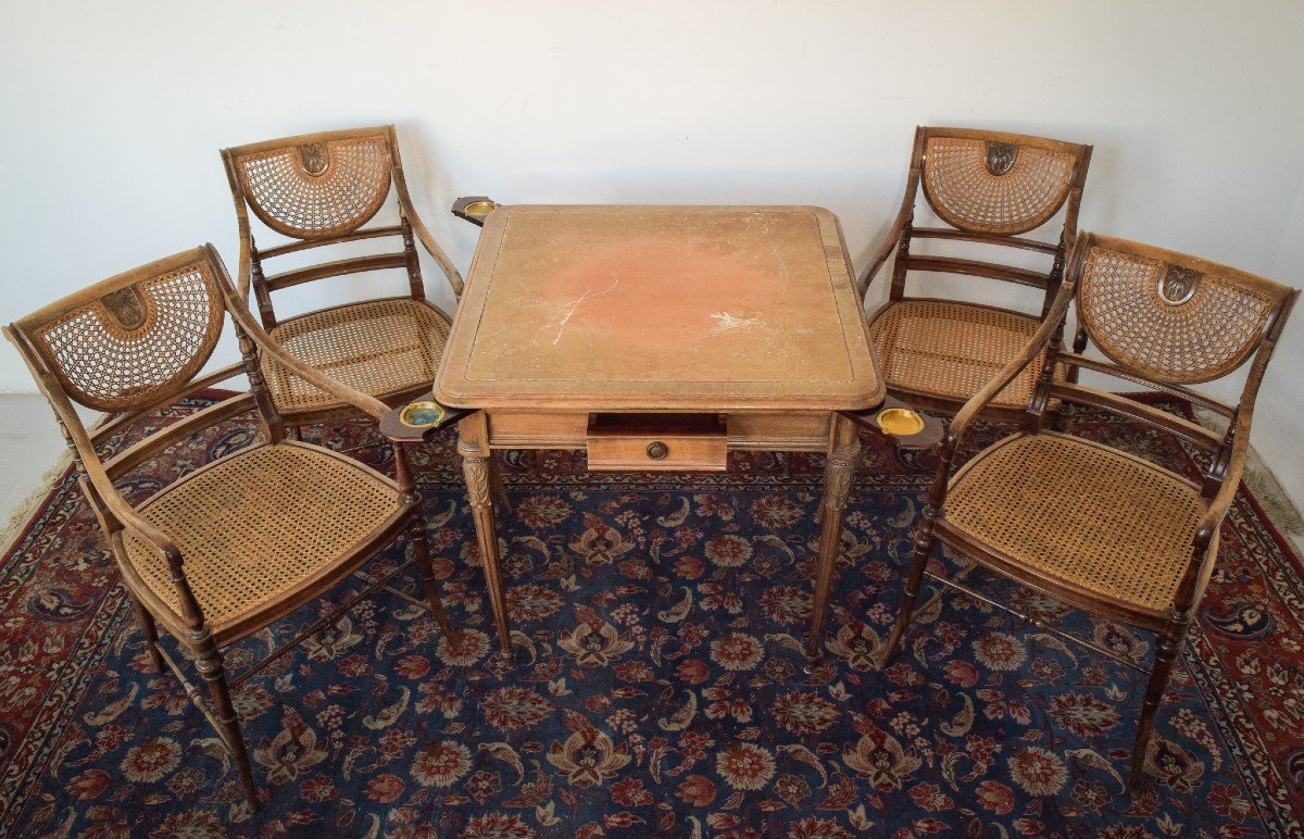 Elegant Vintage Games Table - With Four Matching Bergere Chairs-photo-4