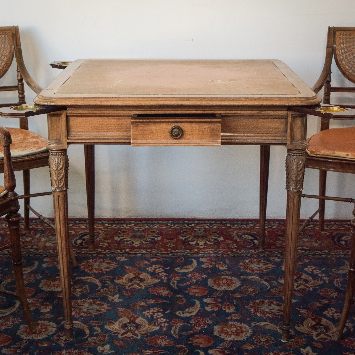 Elegant Vintage Games Table - With Four Matching Bergere Chairs-photo-3