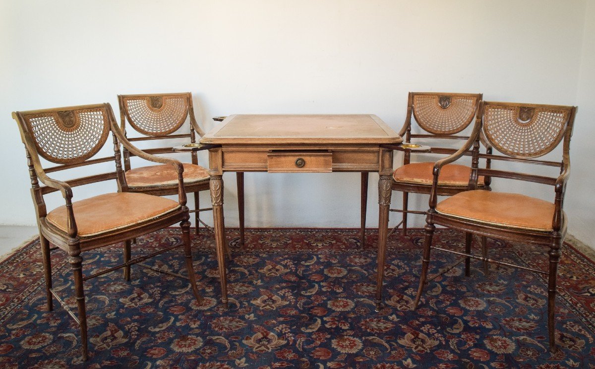 Elegant Vintage Games Table - With Four Matching Bergere Chairs