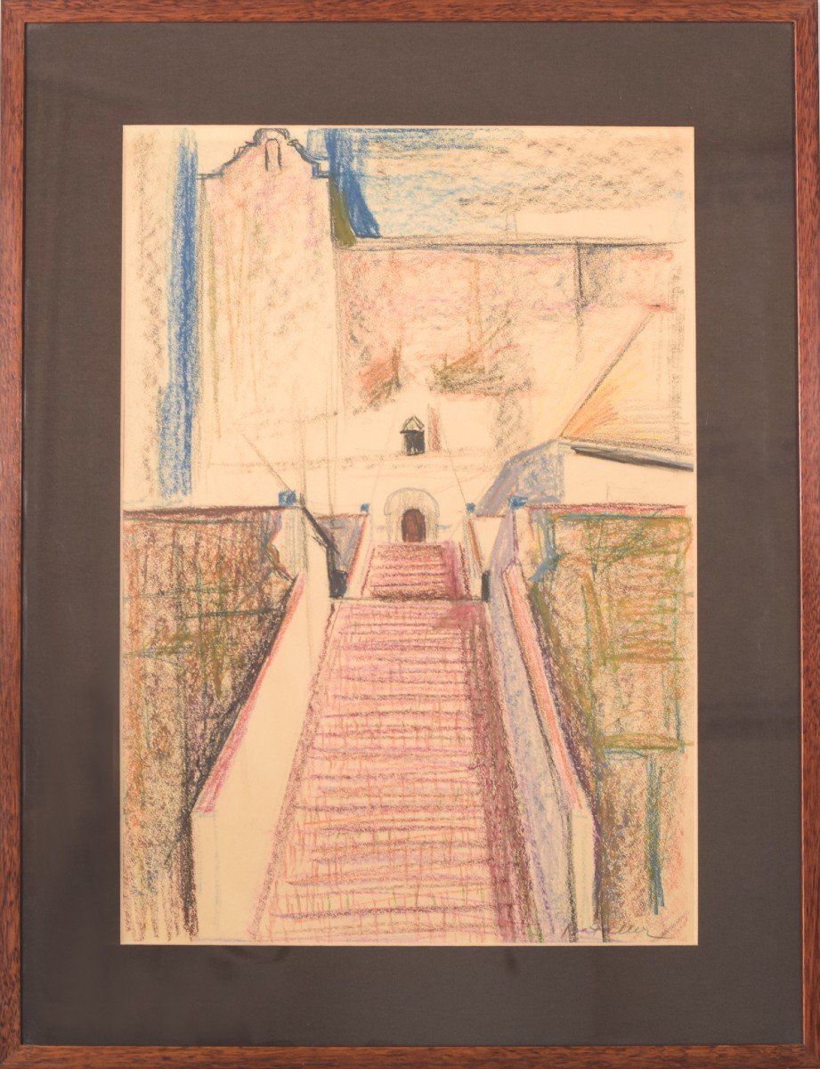 Moderniste - Dessin En Couleur d'Une église Et d'Un Escalier-photo-2